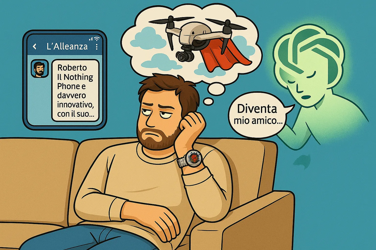 Illustrazione ironica di un uomo annoiato su un divano mentre riceve un messaggio su Telegram sul Nothing Phone; sopra di lui, un drone con mantello vola in una nuvola di pensiero, mentre un'entità luminosa ispirata a ChatGPT gli sussurra “Diventa mio amico…”