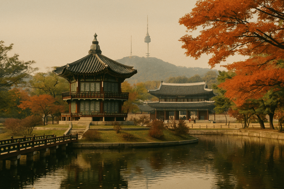 Scorcio urbano di Seoul con grattacieli, luci al neon e passanti con ombrelli colorati: il ritmo caotico e affascinante della Corea del Sud.