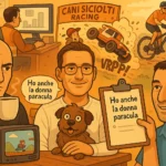 re amici raffigurati in stile cartoon tra videogiochi retrò, ciclismo, modellismo dinamico e preparativi per un matrimonio caotico, ispirato agli eventi di aprile 2015.