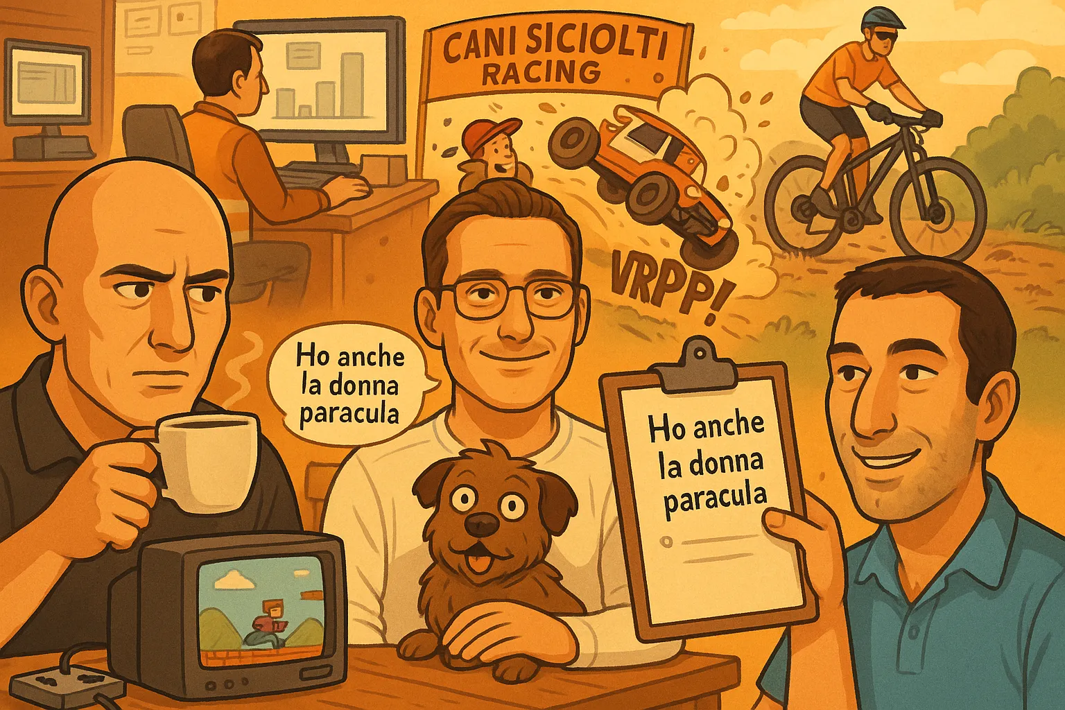 re amici raffigurati in stile cartoon tra videogiochi retrò, ciclismo, modellismo dinamico e preparativi per un matrimonio caotico, ispirato agli eventi di aprile 2015.