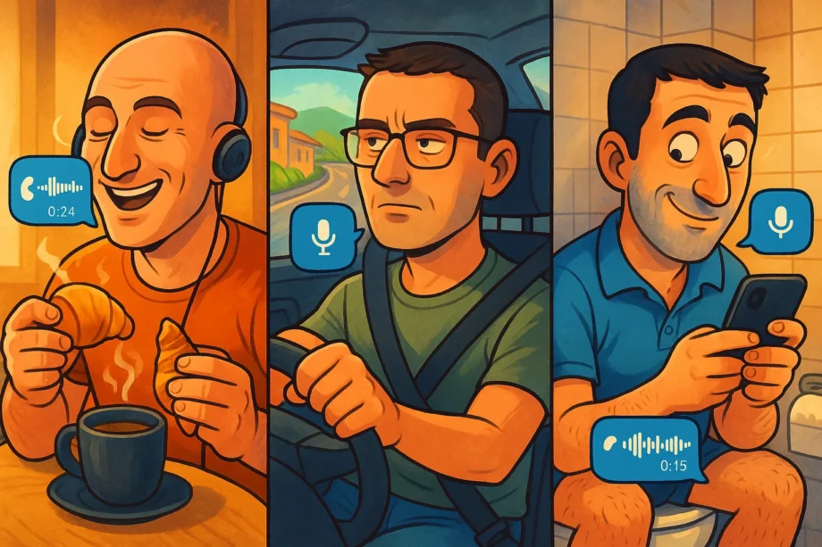 Illustrazione in stile cartoon di tre amici che si scambiano messaggi vocali su Telegram: uno fa colazione, uno guida verso Scalea e uno ascolta dal bagno, in un omaggio ai 10 anni della chat L’Alleanza