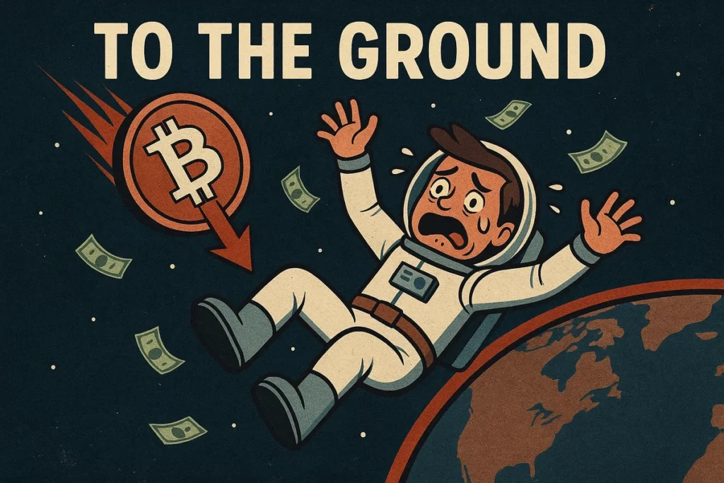 Astronauta terrorizzato precipita verso la Terra inseguito da un bitcoin in fiamme e banconote svolazzanti, con scritta “To the Ground”