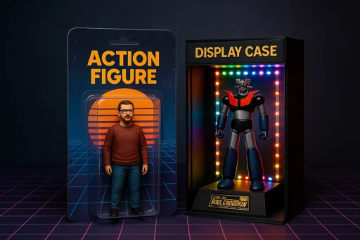Miniatura personalizzata e vetrina LED artigianale stampata in 3D su sfondo nerd, stile retro anni '80