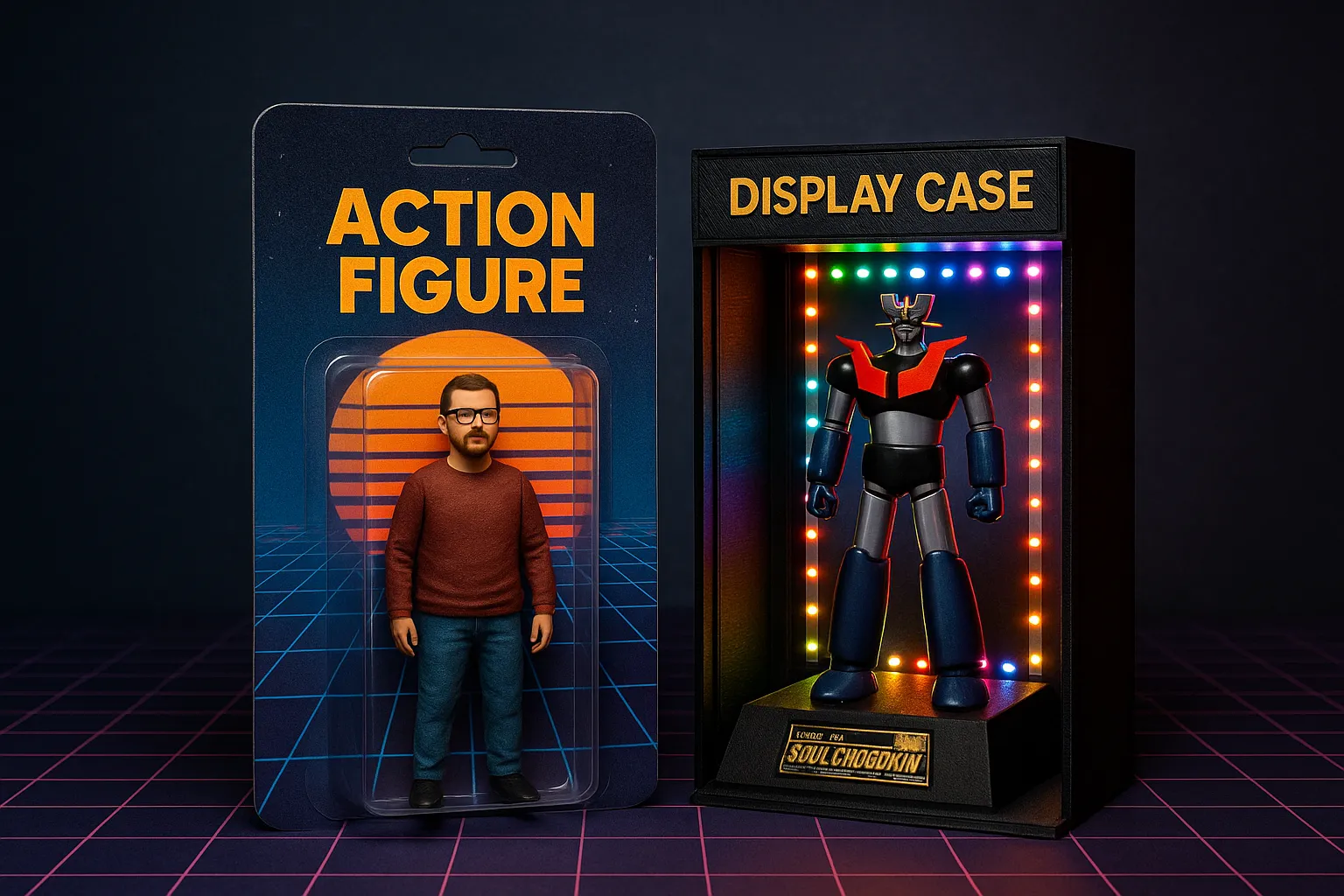Miniatura personalizzata e vetrina LED artigianale stampata in 3D su sfondo nerd, stile retro anni '80